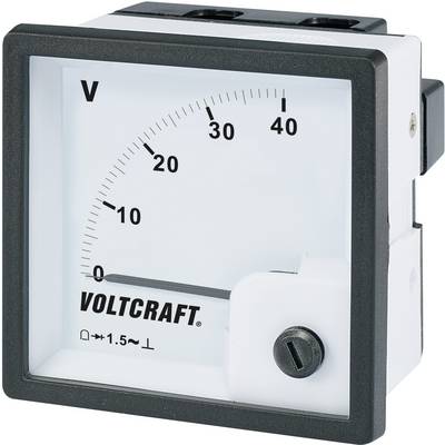 Analogue DC voltage meter, showing a voltage scale from 0 to 40 volts. 'Voltcraft' brand name visible.