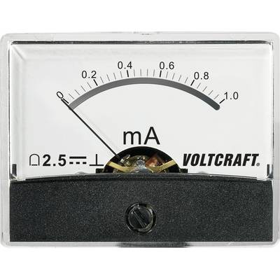 'Analogue ammeter with scale up to 1.0 mA. Pointer indicates 0.2 mA. Brand: Voltcraft. Direct current symbol on the left-hand side.'