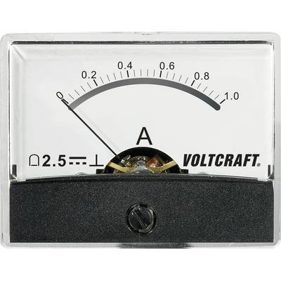 An analogue ammeter shows a current of 0.2 amperes. Scale ranges from 0 to 1 ampere. Device by Voltcraft.