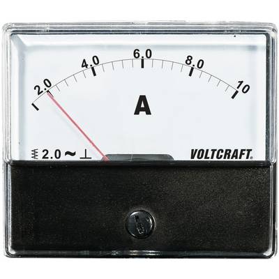 Voltcraft analogue ammeter, showing 2 amperes. Scale ranges from 0 to 10 amperes. Red needle indicates the current value.