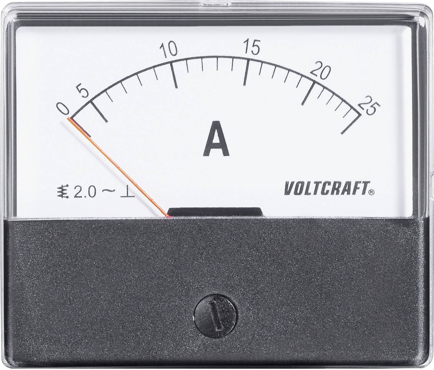 Analogue ammeter display with a scale from 0 to 25 amperes. The pointer is positioned close to 0. 'VOLTCraft' marking in the bottom right corner.