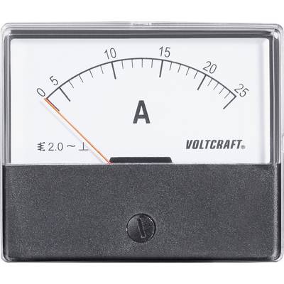 Analogue ammeter display with a scale from 0 to 25 amperes. The pointer is positioned close to 0. 'VOLTCraft' marking in the bottom right corner.