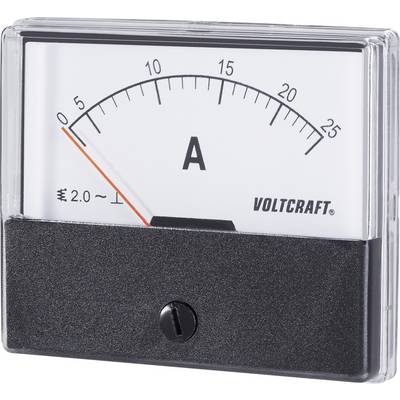 Analogue ammeter with a scale from 0 to 25 along the upper curve and 0 to 2 at the bottom, indicating current strength. Brand: Voltcraft.