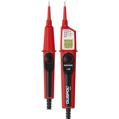 Two red voltage testers with display. Showing various electrical measurement values. Brand name 'BENNING' visible.