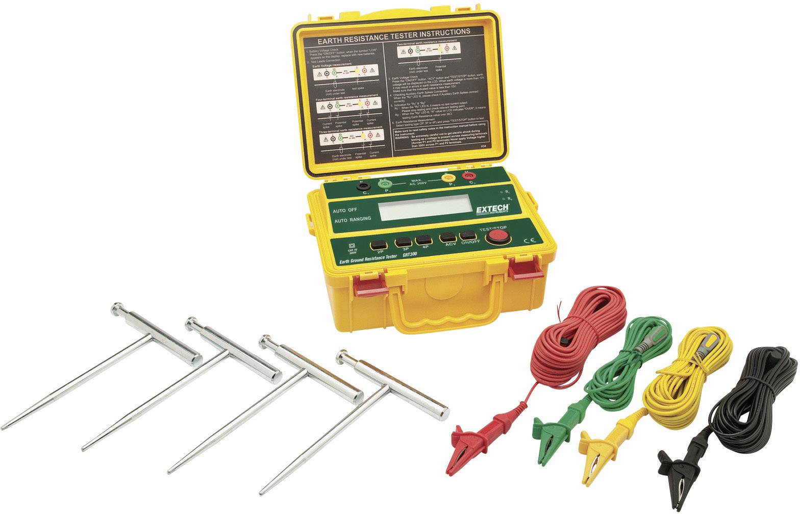 An earth continuity tester with an open yellow casing, cables in various colours on the right, earth electrodes on the left.