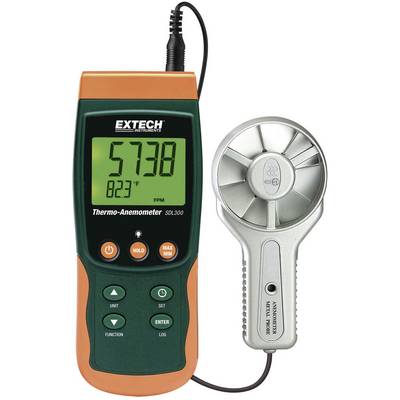 A digital thermo-anemometer is displaying 5,738 feet per minute and 82.3°F. The device measures air flow and temperature, suitable for climate monitoring.