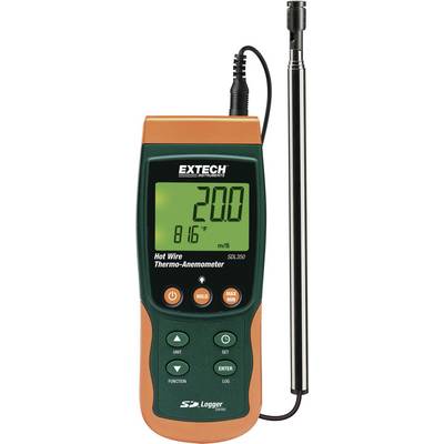 A thermal anemometer for measuring air velocity and temperature shows 20.0 m/s and 81.6°F on the digital display.