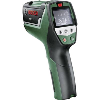 Bosch PTD 1 Infrared Thermometer with LCD screen shows temperature of 21.5 °C.