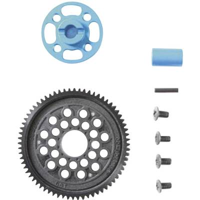 Individual components of a gear set, including a blue gear, a black gear with holes, screws, and a blue cylinder.