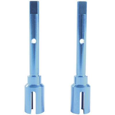 Two blue metal tools with vertical shaft and a hole in the centre, used for specific technical applications.
