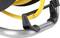 Close-up of a yellow garden hose coiled on a silver hose reel, with a black handle in the foreground.