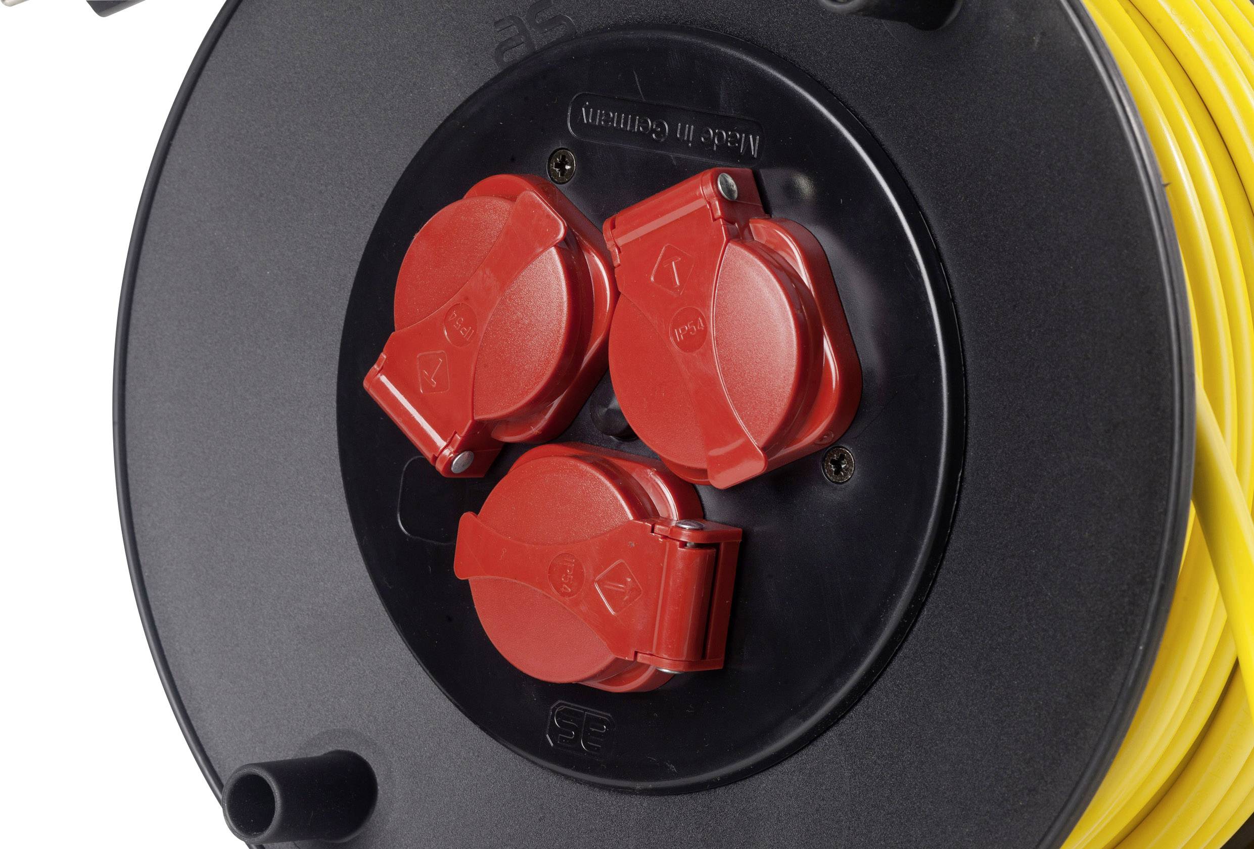 'Close-up of a cable reel with three red plug sockets.'