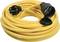 A long, yellow extension lead with a black plug and removable cover, coiled for easy transportation.