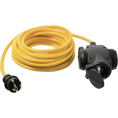 Yellow extension lead with robust, black triple socket. Suitable for use outdoors or on construction sites.