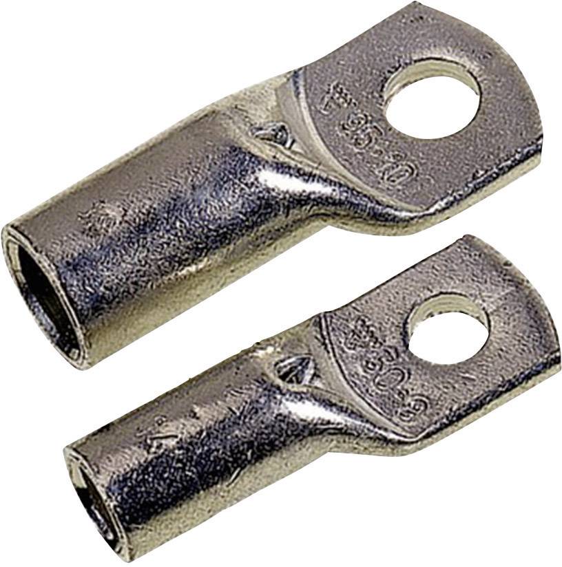 'Two metallic cable lugs with a hole for cable fastening. They are intended for electrical connections and manufactured from silver-coloured metal.'
