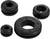 Three black rubber grommets of different sizes, arranged side by side on a white background.