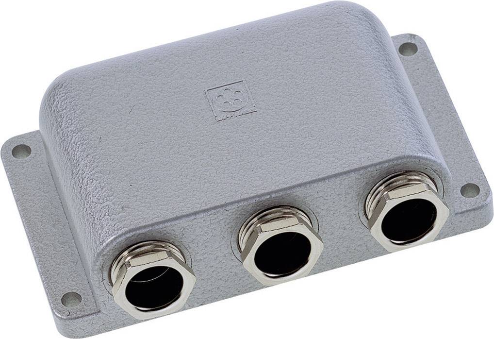 Metallic cable enclosure with three cable entries, suitable for industrial applications ensuring secure wiring and connection.