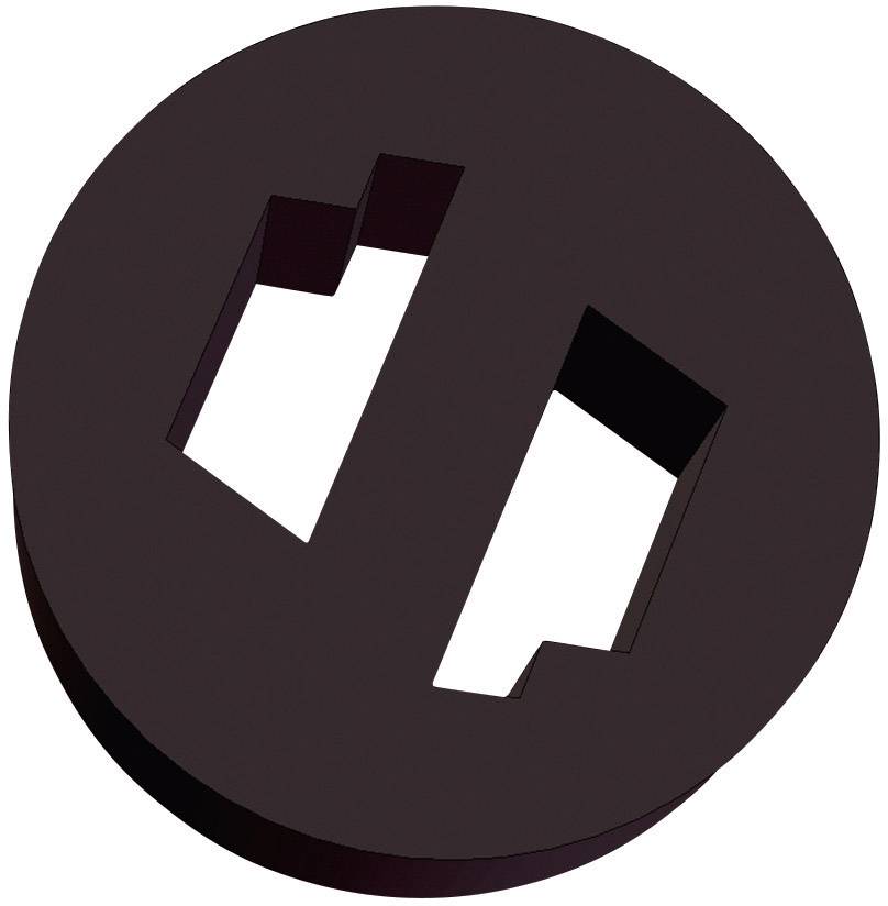 The image depicts a black, round, disc-shaped structure with two irregular rectangular cutouts.