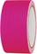 A roll of neon pink adhesive tape, front view.