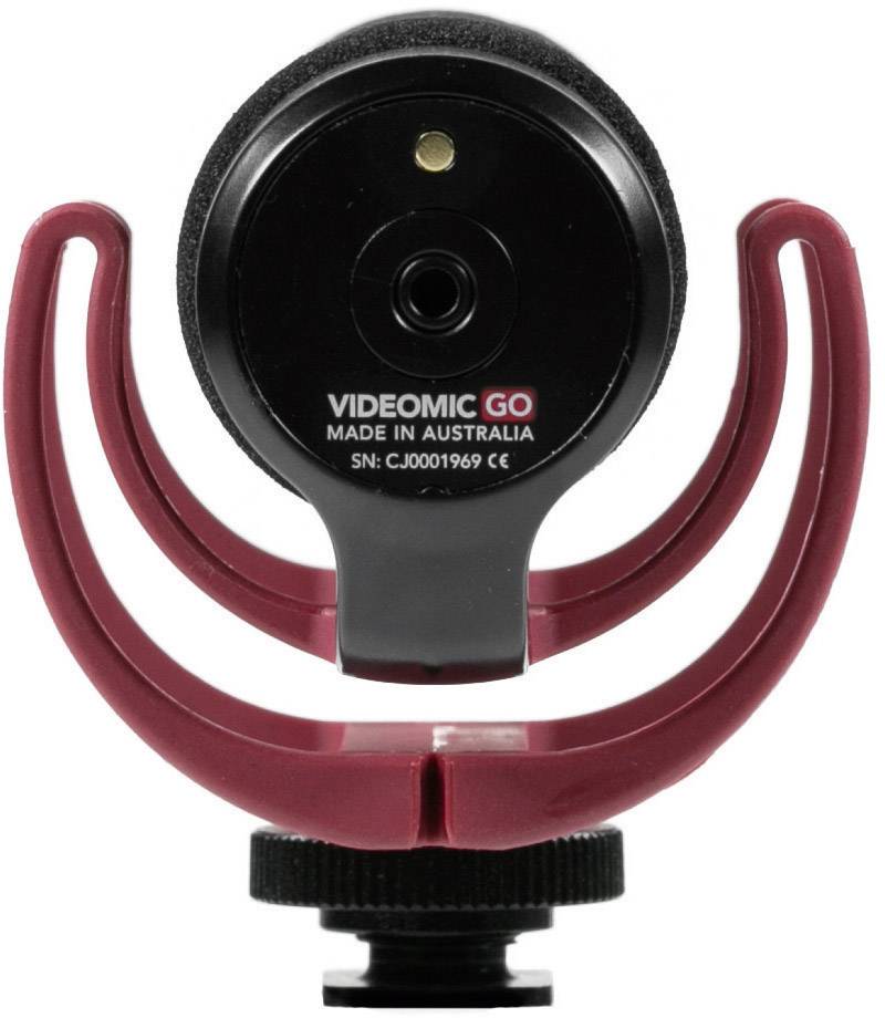 A black microphone in a red mount with the inscription 'VIDEOMIC GO' and 'MADE IN AUSTRALIA'.