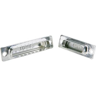 Two rectangular metal cabinet catches, left with slots, right closed. Both with mounting hole.