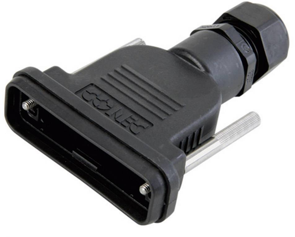Black electrical connector with rectangular plug housing and plastic cable protection, suitable for industrial applications.