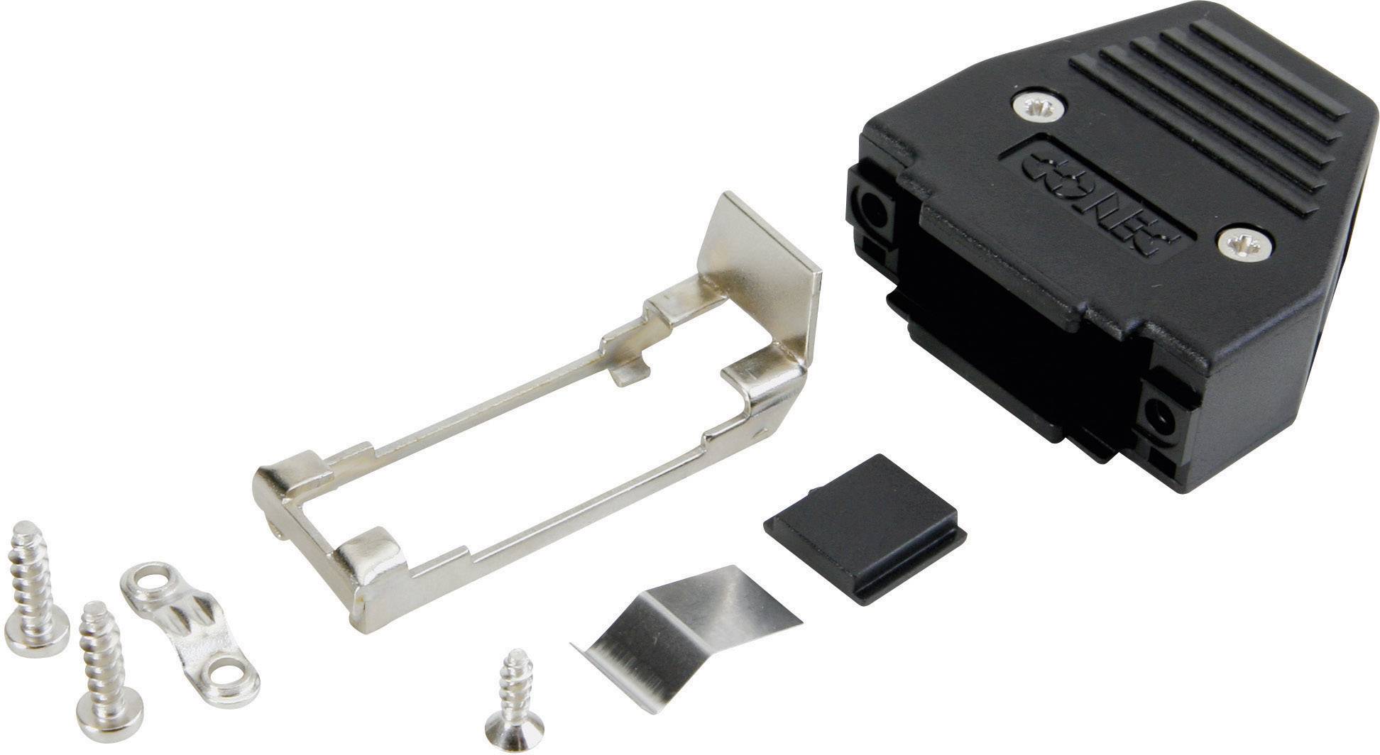 Connector Housing Kit consisting of a black plastic enclosure, metal clip, screws, and small plastic and metal components for assembly.