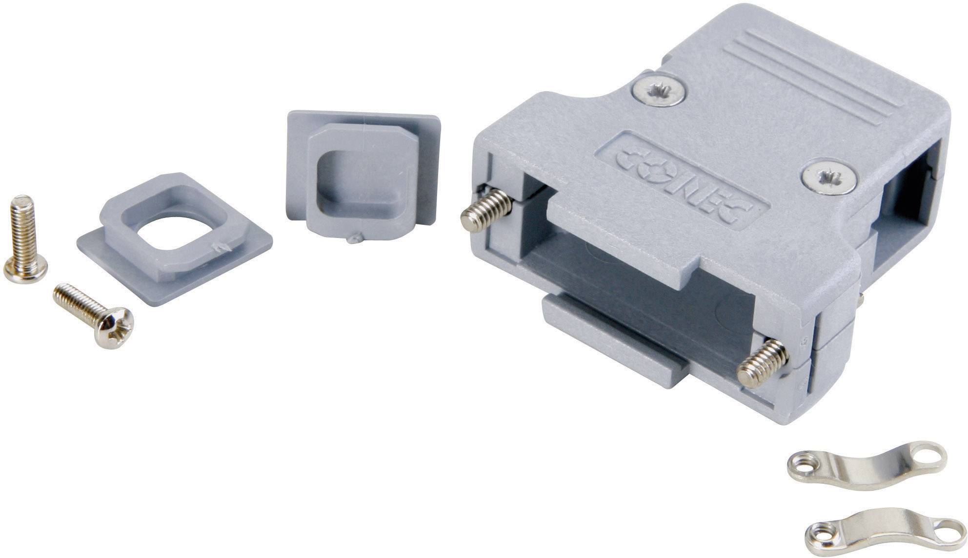 Grey rectangular plastic housing with an open front and two screws. Beside it lie two smaller metal components and another screw.