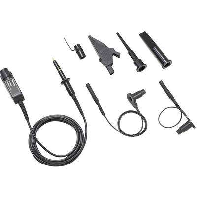 'Oscilloscope probe with various accessory parts for electrical signal acquisition. Includes cable with plug and multiple attachments.'