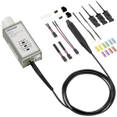'Oscilloscope probe with accessories: various contacts, cables and markings. Suitable for measuring electrical signals.'