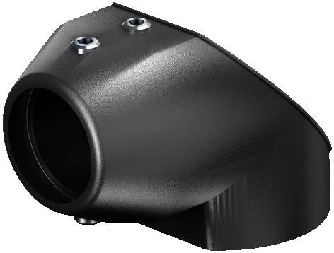 Black, angled plastic component with two screw holes, possibly part of a machine connection or assembly.