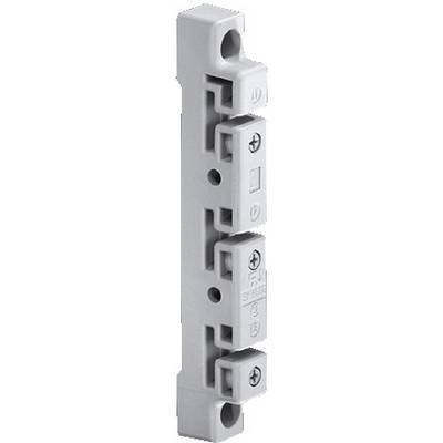 Grey, vertical electrical connection block with three slots and screw terminals for cable fastening.