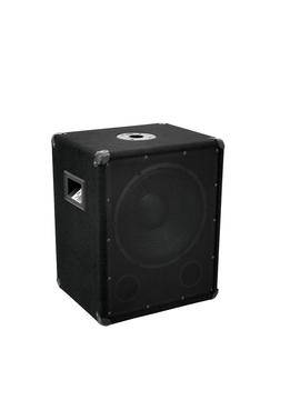 Black speaker box with a round speaker at the front, side handle, and reinforced corners, against a white background.