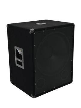 Black loudspeaker with metal handles on the sides, suitable for sound reinforcement in large spaces.