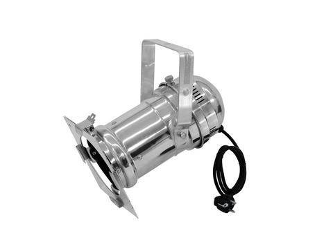 Silver PAR spotlight with mounting bracket and cable, suitable for stage or event lighting.