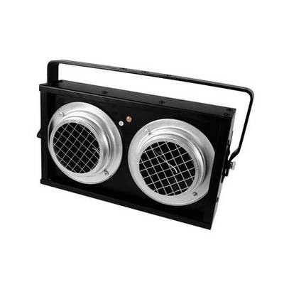 A rectangular, black fan with two silver, grille-protected ventilation openings and a carry handle on top.