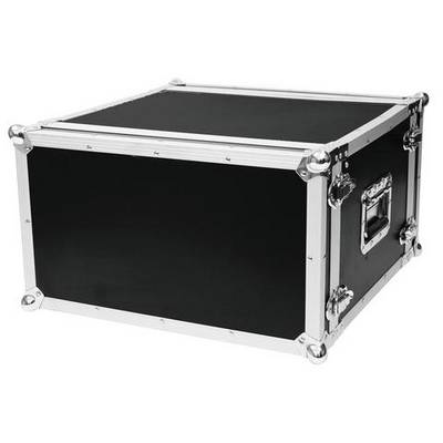 Black transport case with silver metal corners and a side handle, used for secure device transportation.