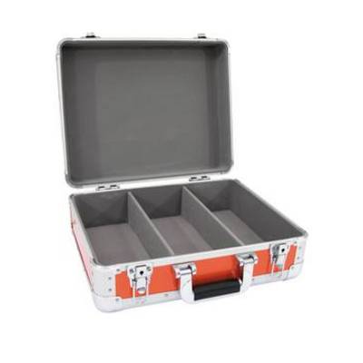 An open, orange suitcase with three grey compartments, suitable for storing or transporting items.