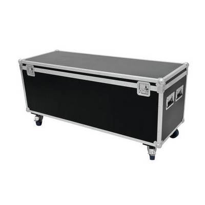 Black flightcase with silver metal edges and handles, on wheels, for secure transportation of equipment or devices.