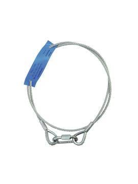 Steel wire sling with safety lock and blue label. Suitable for securing and lifting in construction or building projects.