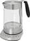 A transparent electric kettle with stainless steel elements and multiple buttons for temperature selection on the base.