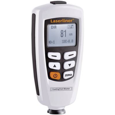 Measuring device for layer thickness measurement with display showing 81 micrometres. 'Zero' and 'Power' buttons visible.