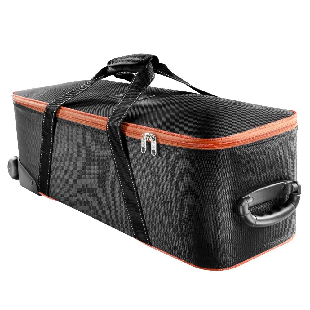 Black rolling suitcase with orange details, two carry handles and wheels.