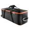Black rolling suitcase with orange details, two carry handles and wheels.