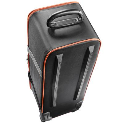 A black wheeled suitcase with orange accents, viewed from above. It has a black handle and two wheels on the bottom.