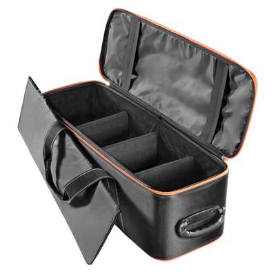 Black, open camera bag with multiple padded compartments, suitable for storing camera equipment.