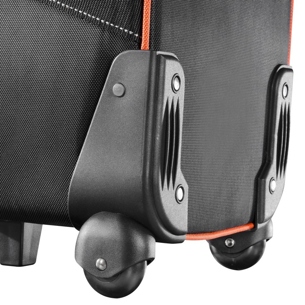 Trolley suitcase with sturdy black plastic frame and padded red stitching, perfect for easy manoeuvrability and protection.