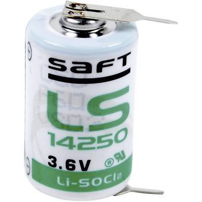 Battery with the inscription 'SAFT LS 14250 3.6V Li-SOCl2'. It is cylindrical with green and white colouration.