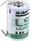 A white cylindrical battery with the inscription 'LS 14250', '3.6V', 'Li-SOCI2', positioned between two contact tabs.