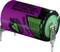 Flat, cylindrical battery with a purple casing and green ends, suitable for electronic devices. Marking: '0% Mercury Strength'.